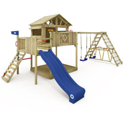 Aire de jeux Smart Fjord avec balançoire & toboggan, maison sur pilotis avec bac à sable, échelle d'escalade & accessoires de jeu - bleu - Wickey