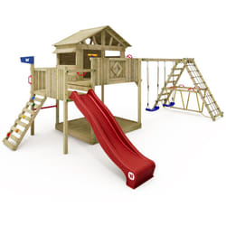Aire de jeux Smart Fjord avec balançoire & toboggan, maison sur pilotis avec bac à sable, échelle d'escalade & accessoires de jeu – rouge - Wickey