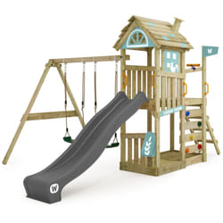 Wickey - Aire de jeux Portique bois FarmFlyer Tois avec balançoire et toboggan Maison enfant exterieur avec bac à sable, échelle d'escalade &