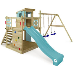Wickey - Aire de jeux Portique bois Smart Camp avec balançoire et toboggan Cabane enfant exterieur avec bac à sable, échelle d'escalade & accessoires