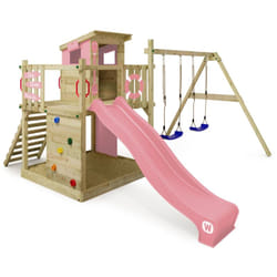 Wickey - tour de jeux en bois Smart Camp avec balançoire et toboggan, cabane avec bac à sable, échelle de corde et accessoires de jeu – rose pastel
