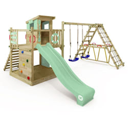Wickey - Aire de jeux Portique bois Smart Surf avec balançoire et toboggan Cabane enfant exterieur avec bac à sable, échelle d'escalade & accessoires