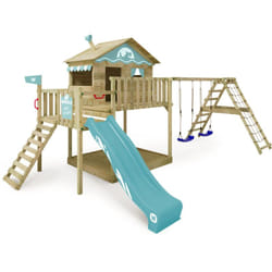 WICKEY Aire de jeux Portique bois Smart Ocean avec balançoire et toboggan Maison enfant sur pilotis avec bac à sable, échelle d'escalade &