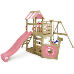 Wickey - tour de jeux en bois SeaFlyer avec balançoire et toboggan, cabane avec bac à sable, échelle de corde et accessoires de jeu – rose pastel