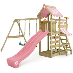 Wickey - tour de jeux en bois VanillaFlyer avec balançoire et toboggan, tour d'escalade avec bac à sable, échelle et accessoires de jeu – rose pastel