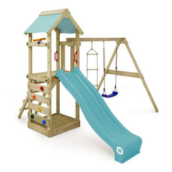 WICKEY Aire de jeux Portique bois FreeFlyer avec balançoire et toboggan