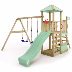 WICKEY Aire de jeux Portique bois SmartSavana avec balançoire et toboggan