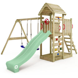 Wickey - Aire de jeux Portique bois MultiFlyer Toit en bois avec balançoire et toboggan Maison enfant exterieur avec bac à sable, échelle d'escalade