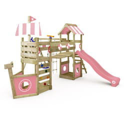 Tour de jeux en bois StormFlyer avec balançoire et toboggan, cabane avec bac à sable, échelle de corde et accessoires de jeu – rose pastel - Wickey
