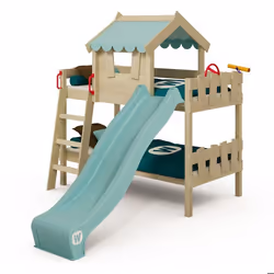 WICKEY Lit superposé avec toboggan CrAzY Fancy lit maison entfant bleu pastel