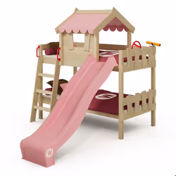 WICKEY Lit superposé avec toboggan CrAzY Fancy lit maison entfant rose pastel