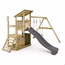 Aire de jeux en bois FruityForest avec balançoire et toboggan anthracite
