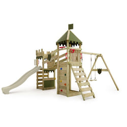 Aire de jeux en bois FATMOOSE RiverRun avec balançoire et toboggan vert sauge