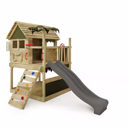 FATMOOSE Aire de jeux Portique bois TikaTaka avec toboggan anthracite Cabane enfant extérieure avec bac à sable