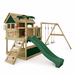 FATMOOSE Aire de jeux Portique bois TikaTaka avec balançoire et toboggan vert Cabane enfant extérieure avec bac à sable