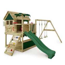 FATMOOSE Aire de jeux Portique bois TikaTaka avec balançoire et toboggan vert Cabane enfant extérieure avec bac à sable