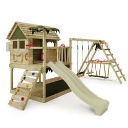 FATMOOSE Aire de jeux Portique bois TikaTaka avec SurfSwing et balançoire et toboggan vert sauge