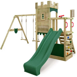 Fatmoose - Tour de jeux Château des chevaliers BoldBaron avec balançoire & Bac à sable, garantie 10 ans, Bac à sable intégré – vert