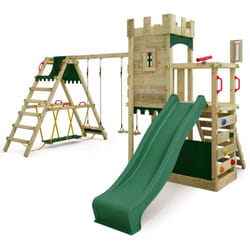Fatmoose - Tour de jeux Château des chevaliers BoldBaron avec balançoire SurfSwing, garantie 10 ans, Bac à sable intégré – vert