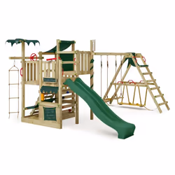 FATMOOSE Aire de jeux Portique bois CrazyCoconut avec balançoire SurfSwing et toboggan vert Échafaudage grimpant