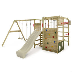 Aire de jeux Portique bois ActionArena FATMOOSE avec balançoire et toboggan vert sauge