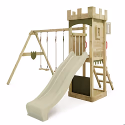 FATMOOSE Aire de jeux Portique bois TreasureTower avec balançoire et toboggan vert sauge Maison enfant extérieure avec bac à ...