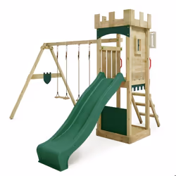 FATMOOSE Aire de jeux Portique bois TreasureTower avec balançoire et toboggan vert Maison enfant extérieure avec bac à sable