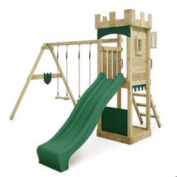 FATMOOSE Aire de jeux Portique bois TreasureTower avec balançoire et toboggan vert Maison enfant extérieure avec bac à sable
