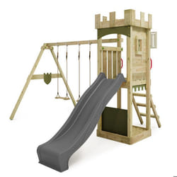 FATMOOSE Aire de jeux Portique bois TreasureTower avec balançoire et toboggan anthracite Maison enfant extérieure avec bac à sable