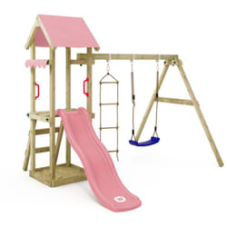 Wickey - tour de jeux en bois TinyCabin avec balançoire et toboggan, tour d'escalade avec bac à sable, échelle et accessoires de jeu – rose pastel