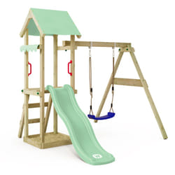 Wickey - tour de jeux en bois TinyWave avec balançoire et toboggan, tour d'escalade avec bac à sable, échelle et accessoires de jeu – vert pastel