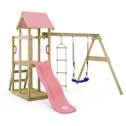 Wickey - tour de jeux en bois TinyPlace avec balançoire et toboggan, tour d'escalade avec bac à sable, échelle et accessoires de jeu – rose pastel