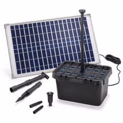 Découvrez les caractéristiques de l'article Kit pompe solaire bassin avec filtre Fountain Pro 875L-25W Ce kit pompe solaire F ...