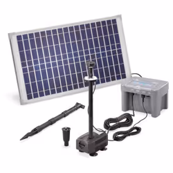 Découvrez les caractéristiques de l'article Kit pompe solaire avec batterie 12V et Led Fountain Pro 630L-25W Ce nouveau modèl ...