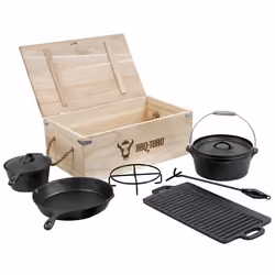 COUVERCLE DE PLANCHA BBQ-Toro Set de Dutch Oven 7 pièces et boîte en bois  En fonte déjà brûlée