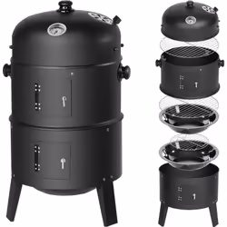 Barbecue 3 en 1, Grill, Fumoir, Smoker avec Thermomètre de Température et Crochets pour Fumer - Charbon de Bois Noir TECTAKE. ...