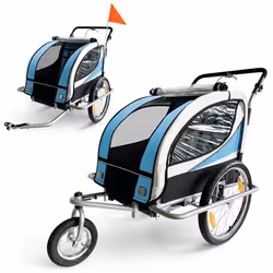 Remorque vélo pour 2 enfants - SAMAX - 2 en 1 - 360° rotatif - Amortisseur Transport Poussette - en Bleu - Silver Frame