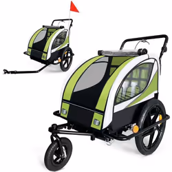 Remorque vélo pour 2 enfants - SAMAX - 2 en 1 - 360° rotatif - Amortisseur Transport Poussette - en Vert - Black Frame