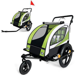 Remorque vélo pour 2 enfants - SAMAX - 2 en 1 - 360° rotatif - Amortisseur Transport Poussette - en Vert - Black Frame