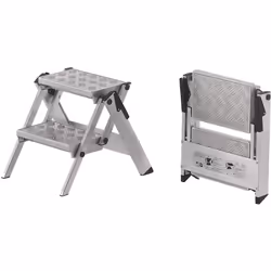 Escabeau pliant en alu, marche en aluminium strié, sans garde-corps, 2 marches. Produit livré = monté. Type de produit = esca ...