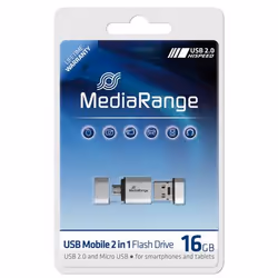 MediaRange 16GB USB Mobile 2 in 1 OTG, 16 Go, USB Type-A / Micro-USB, 2.0, 15 Mo/s, Casquette, Argent