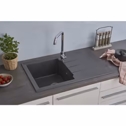 Caractéristiques de l'article: Evier en Quartzolit avec 1 cuve et égouttoir Couleur : Gris Taux de pierre naturelle > 70 Mont ...