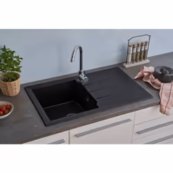 Caractéristiques de l'article: Evier en Quartzolit avec 1 cuve et égouttoir Couleur : noir Taux de pierre naturelle > 70 Mont ...