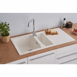 Caractéristiques de l'article: Evier en quartzolite avec 1,5 cuve et égouttoir Couleur : blanc Taux de pierre naturelle > 70  ...