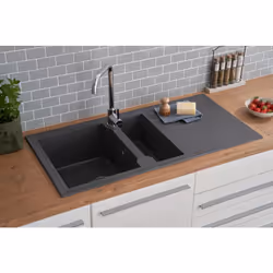 Caractéristiques de l'article: Evier Quartzolit avec 1,5 cuve et égouttoir Couleur : gris titane Taux de pierre naturelle > 7 ...