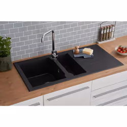 Description générale Évier en quartzolite avec 1,5 cuve et égouttoir, idéal pour toutes vos cuisines. Sa couleur noire et sa  ...