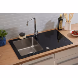 Description générale Évier en verre noir avec 1 cuve et égouttoir, conçu pour s'adapter à un meuble sous évier de 50 cm. Il e ...