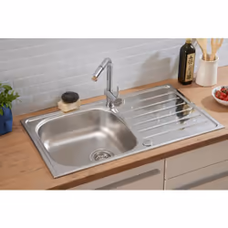 Description générale Évier en acier inoxydable Dallas, conçu pour un meuble de 50 cm, avec une cuve et un égouttoir. Modèle r ...