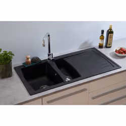 respekta® Evier minéralite Boston: Evier avec 1,5 cuve et égouttoir couleur : noir montage réversible / réversible les trous ...