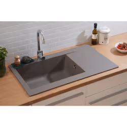 Respekta® Evier minéralite Denver : Evier avec 1 cuve et égouttoir Couleur : gris béton montage alterné / réversible Les trou ...